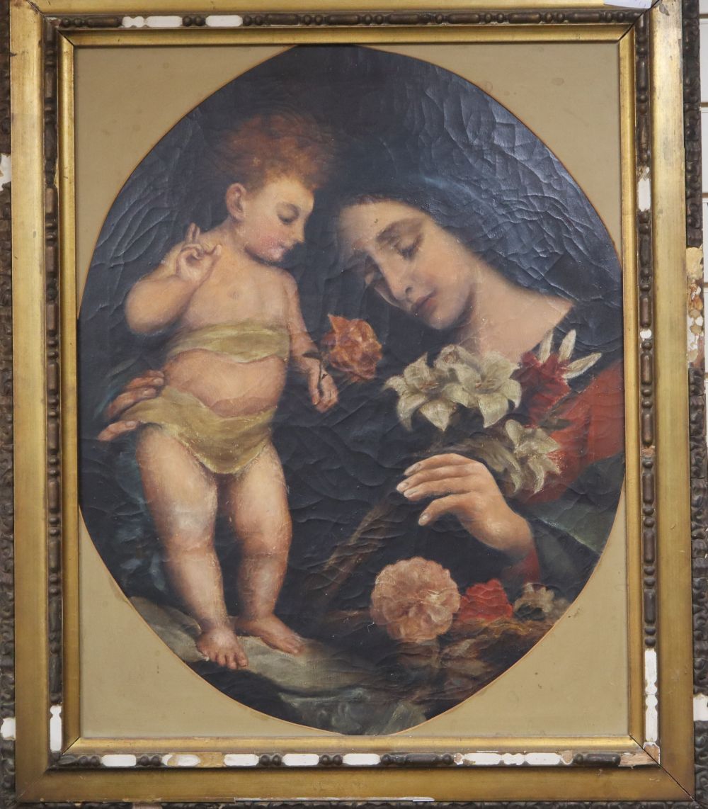 19th century Italian School, oil on canvas, Mother and child with lilies, framed to the oval, 75 x 59cm